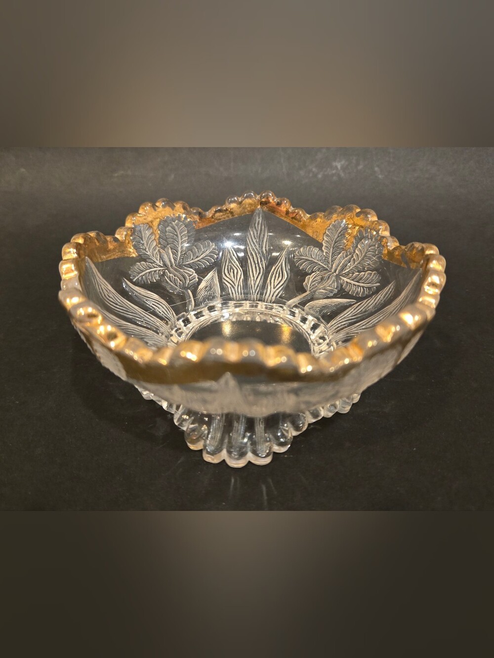 Antique Gold-Trim Clear Glass Decorative Candy Dish Bowl - Home Art